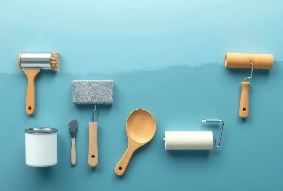 Outils de peinture disposés dans l'ordre des étapes du chantier