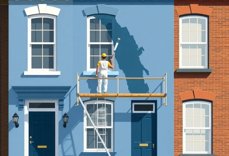 Peintre sur échafaudage traitant la façade d'une maison
