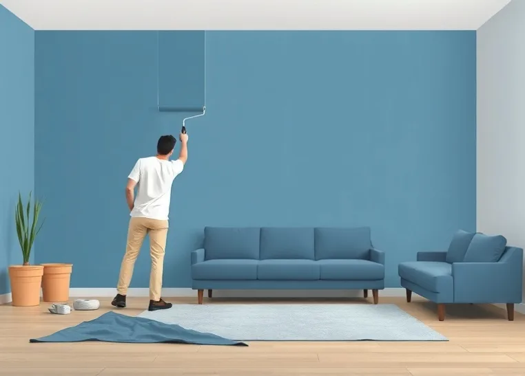 Peintre appliquant la peinture au rouleau sur un mur de salon